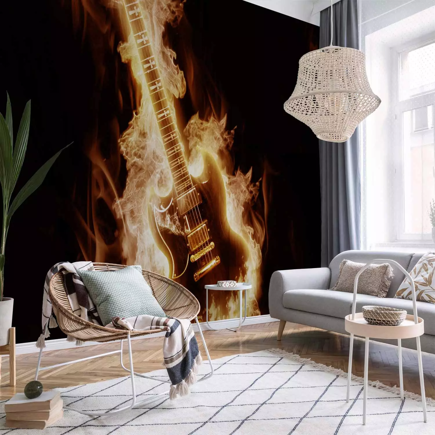Wall Mural Rock Music - Electric guitar in flames on a black background