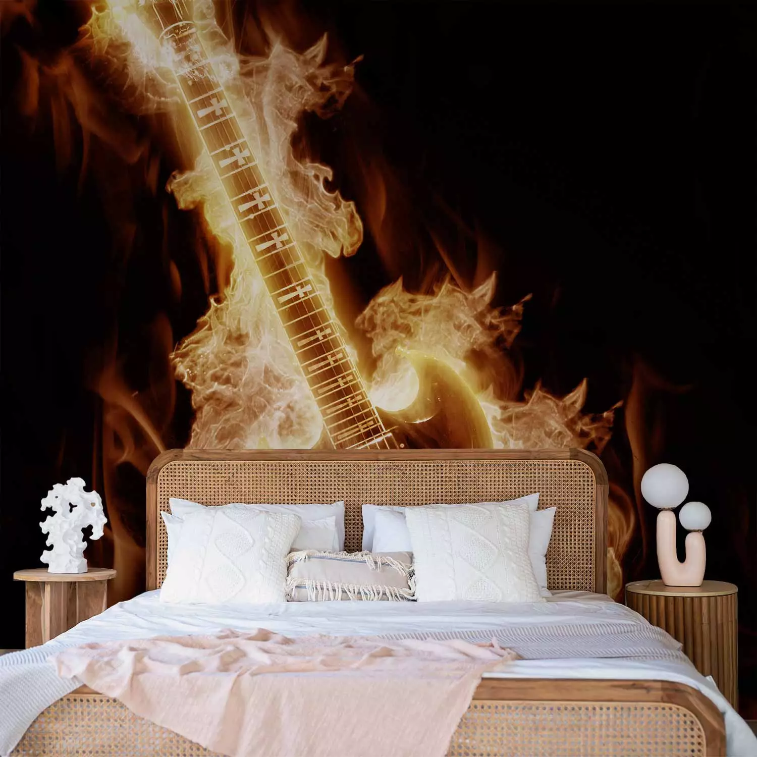 Wall Mural Rock Music - Electric guitar in flames on a black background