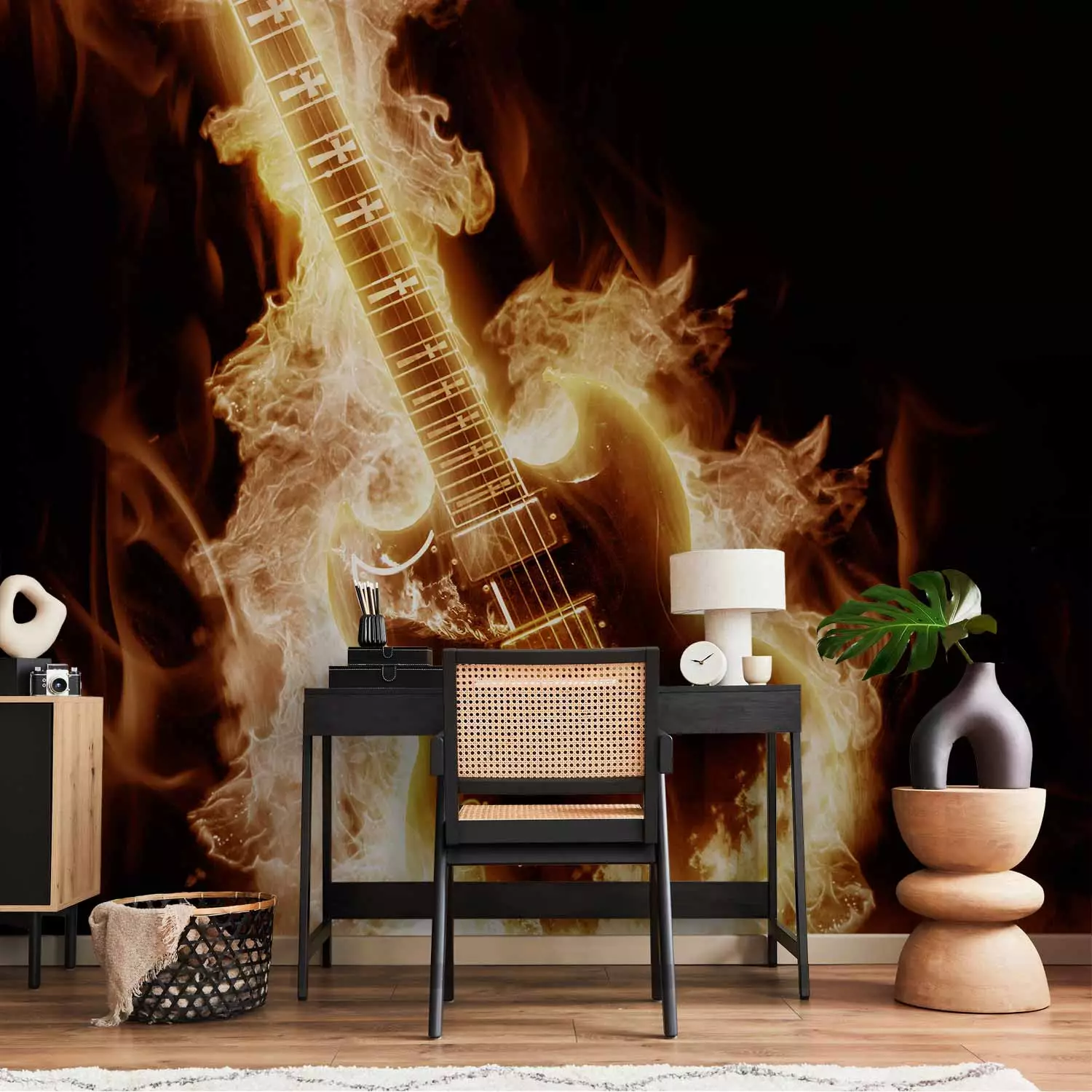 Wall Mural Rock Music - Electric guitar in flames on a black background