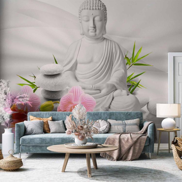 Wall Mural Bright Buddhism - Buddha figure with two orchid flowers