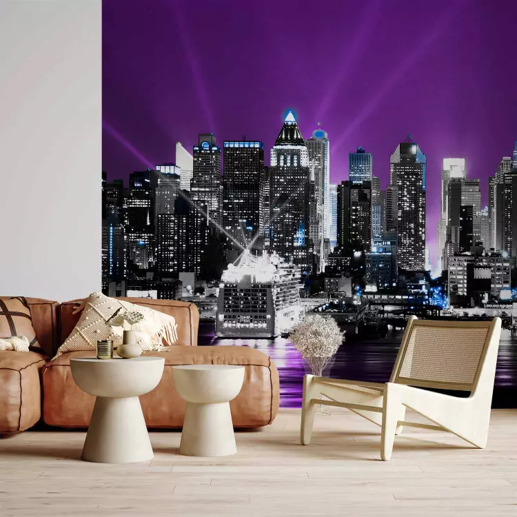 Photo Wallpaper New York in Purple - Urban Landscape with Illuminated  Skyscrapers - bimago
