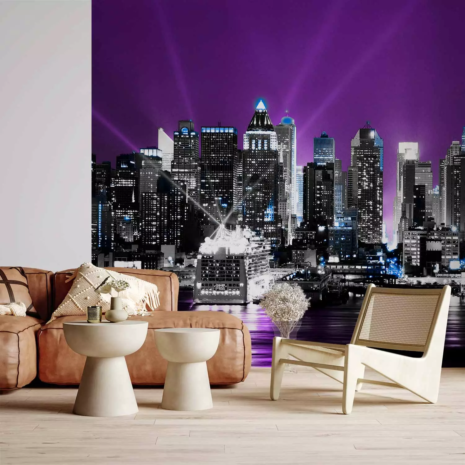 Photo Wallpaper New York in Purple - Urban Landscape with Illuminated Skyscrapers