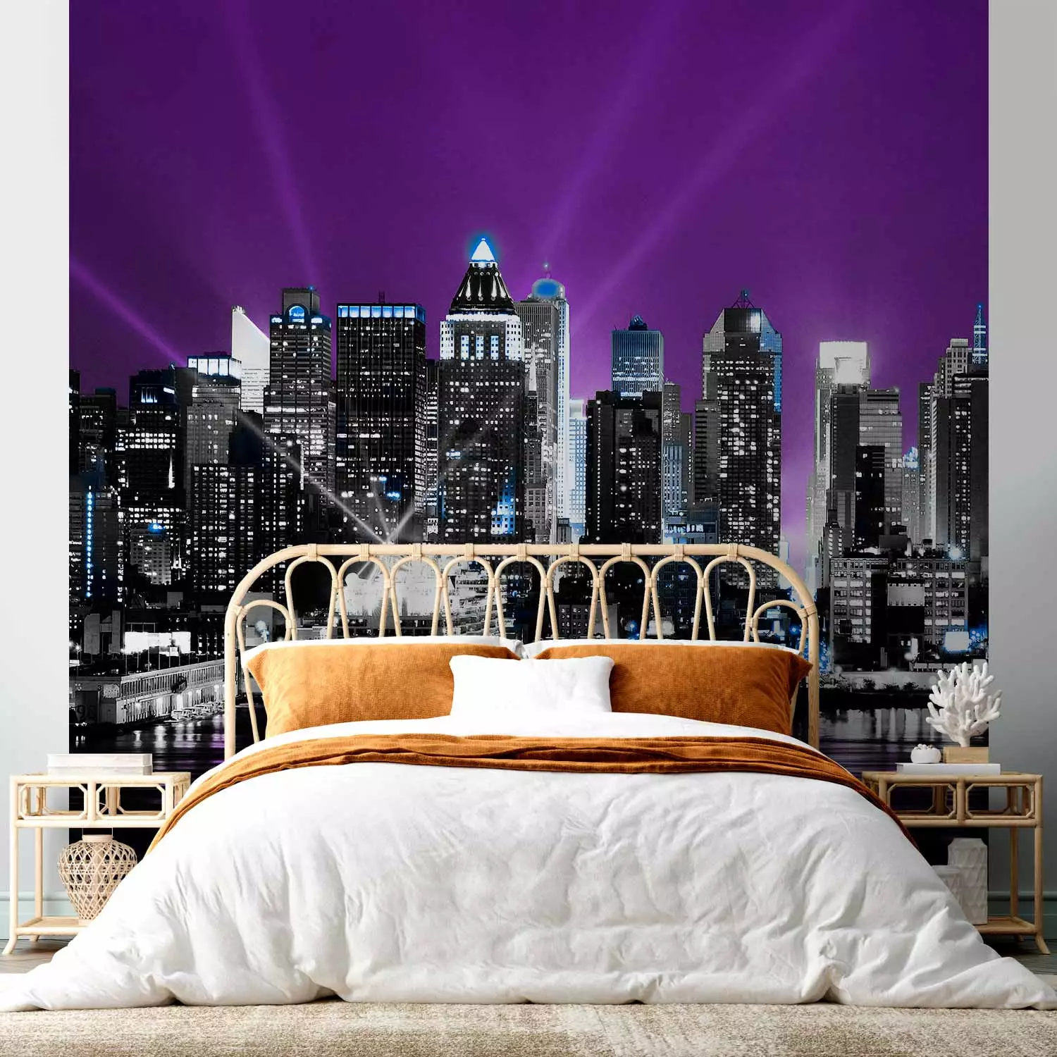 Photo Wallpaper New York in Purple - Urban Landscape with Illuminated Skyscrapers