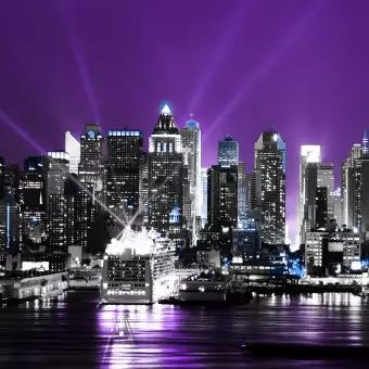 Photo Wallpaper New York in Purple - Urban Landscape with Illuminated Skyscrapers Wallpaper Cropper