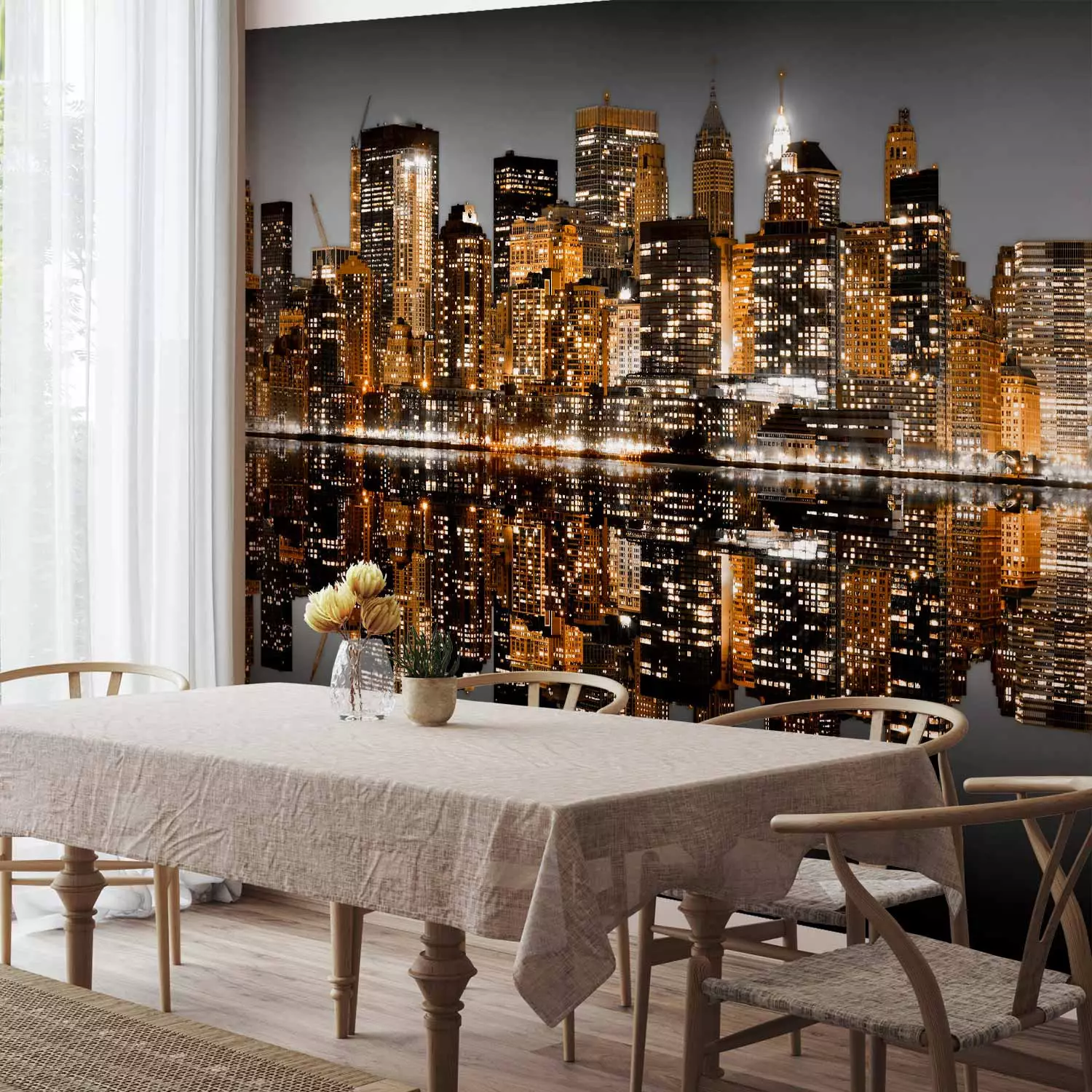 Wall Mural Golden New York - Architecture with a Glamour Effect in a Water Reflection