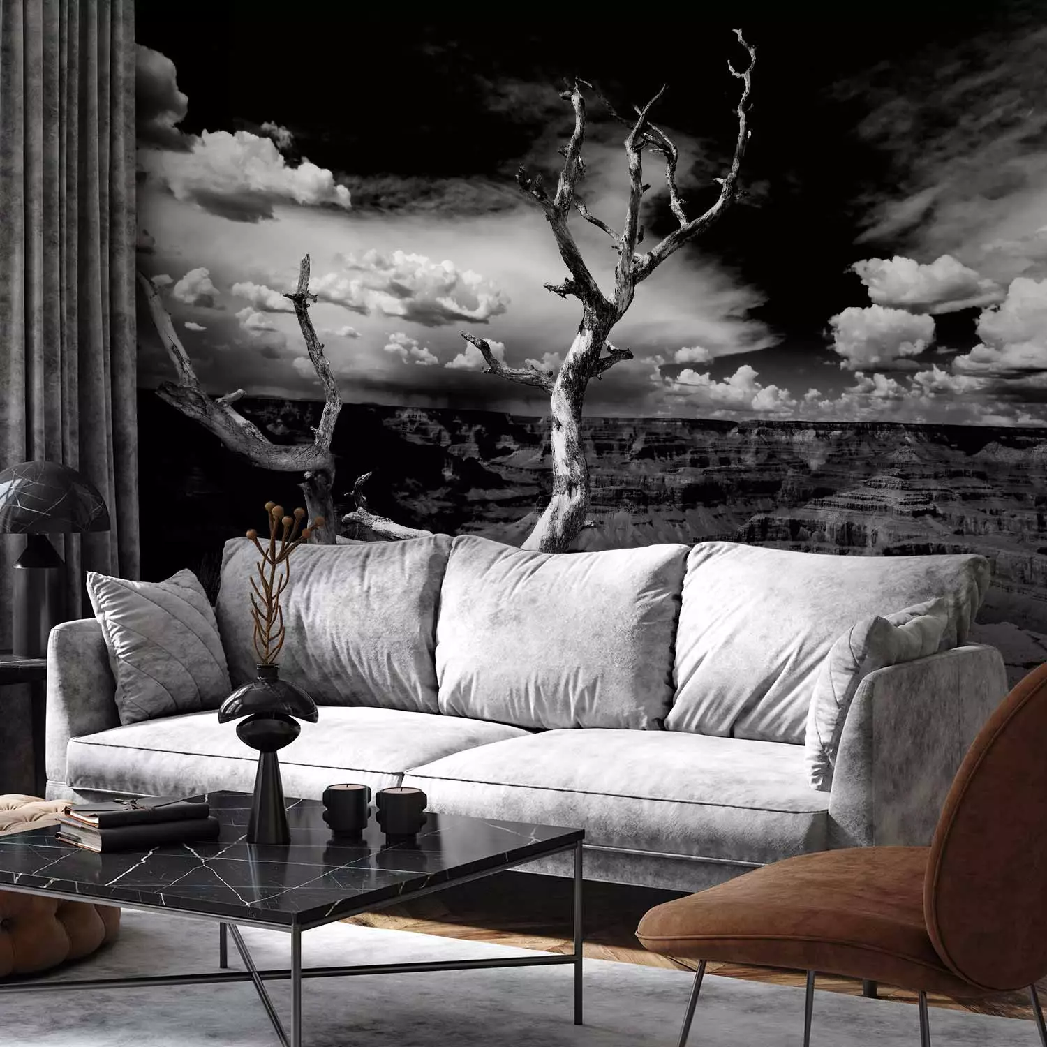 Wall Mural Grand Canyon - Black and White Landscape with a Single Tree in the Center