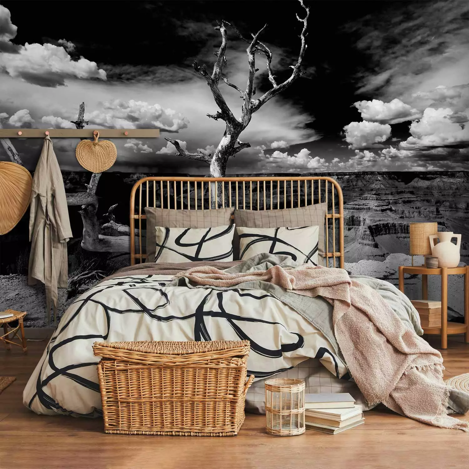 Wall Mural Grand Canyon - Black and White Landscape with a Single Tree in the Center