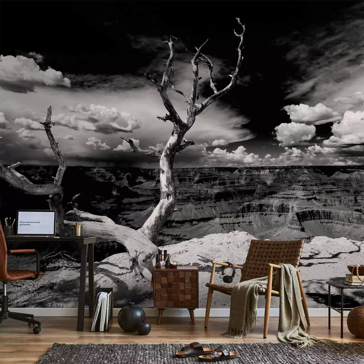 Wall Mural Grand Canyon - Black and White Landscape with a Single Tree in the Center