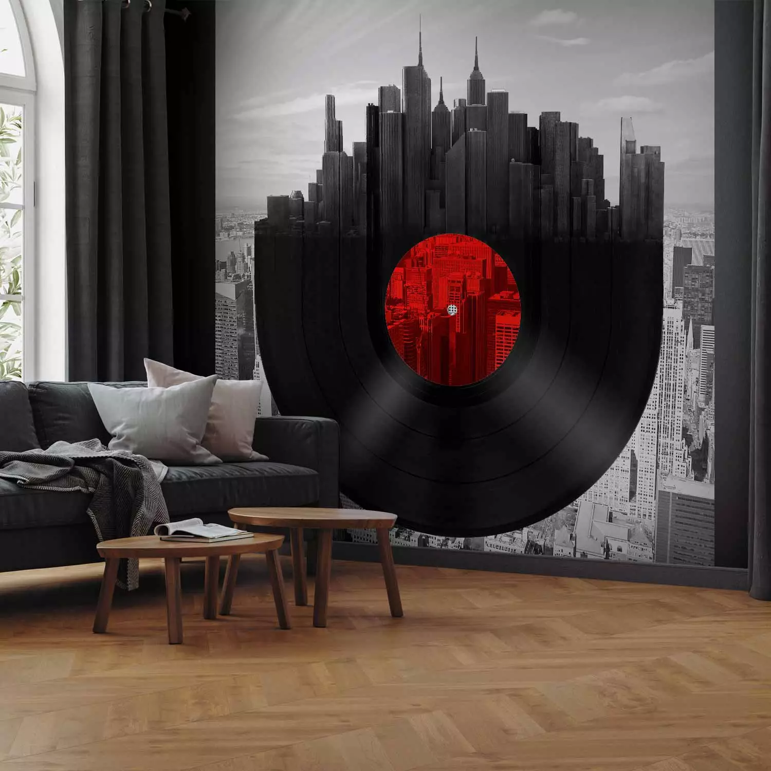 Wall Mural Music of New York - Vinyl Record against the Grayscale Architecture Background
