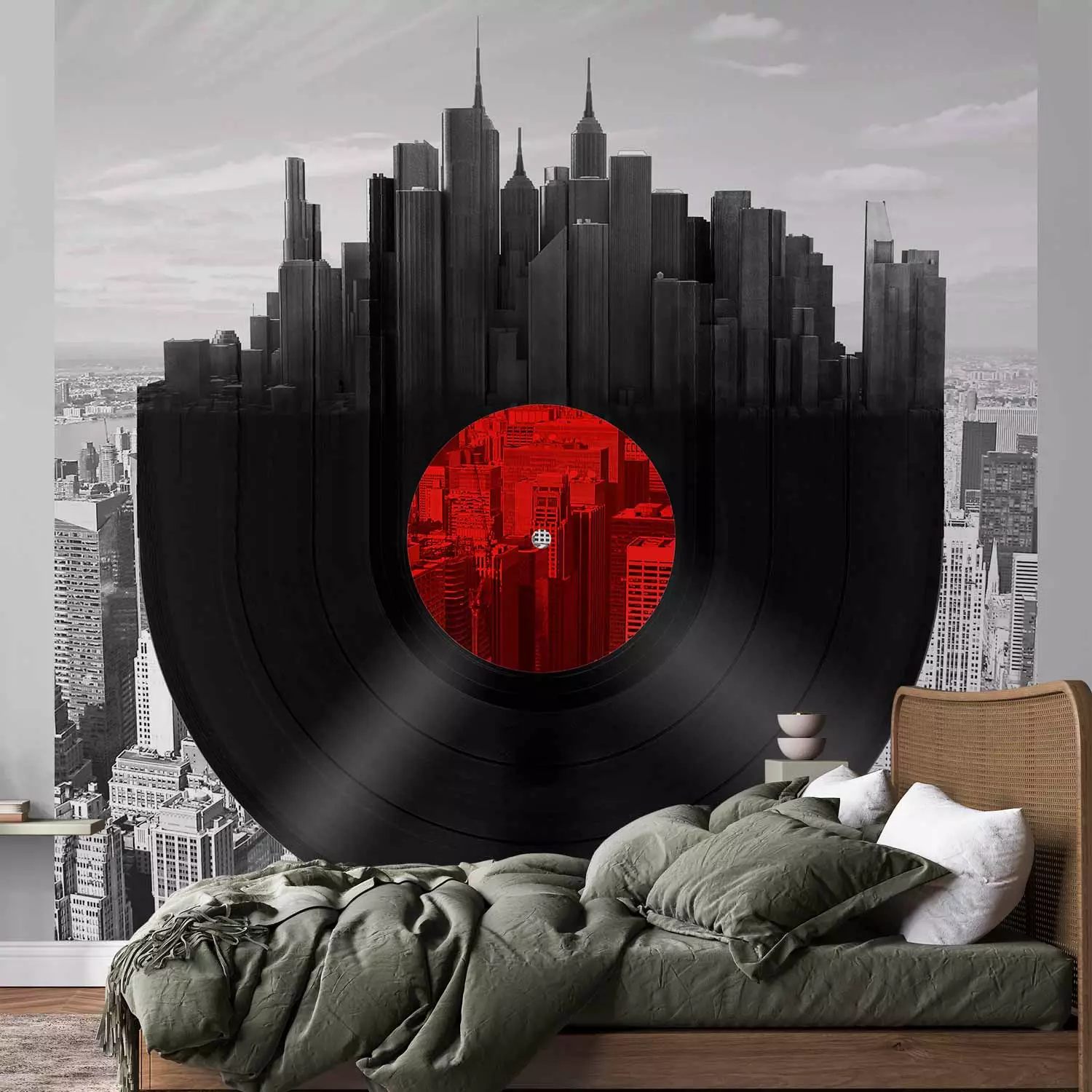 Wall Mural Music of New York - Vinyl Record against the Grayscale Architecture Background