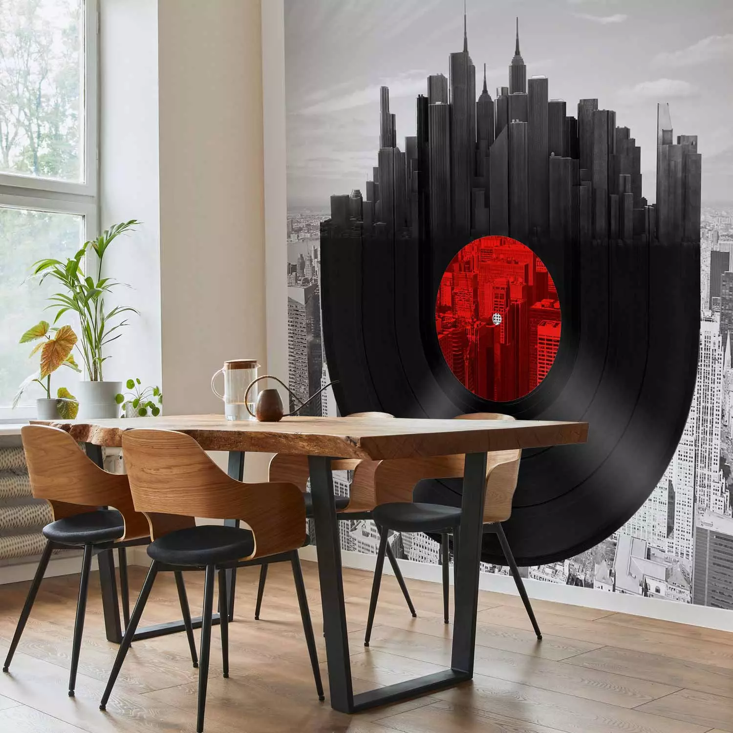 Wall Mural Music of New York - Vinyl Record against the Grayscale Architecture Background