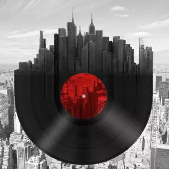 Wall Mural Music of New York - Vinyl Record against the Grayscale Architecture Background Wallpaper Cropper