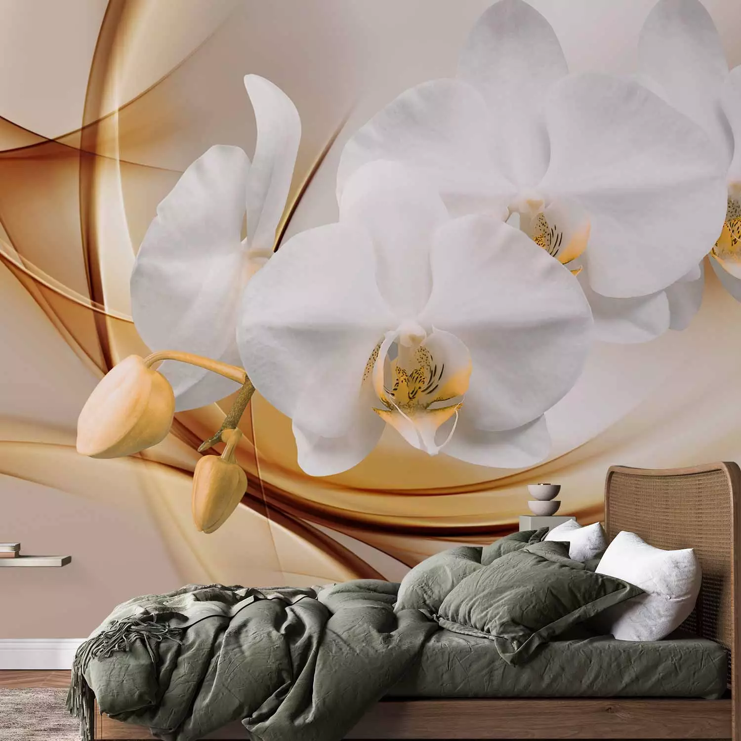 Wall Mural Floral Abstraction - White orchid with buds on an intricate beige background