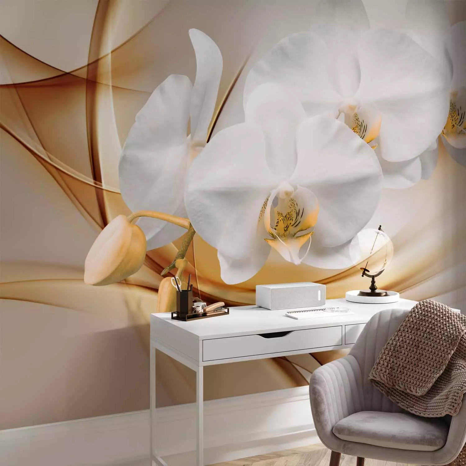 Wall Mural Floral Abstraction - White orchid with buds on an intricate beige background