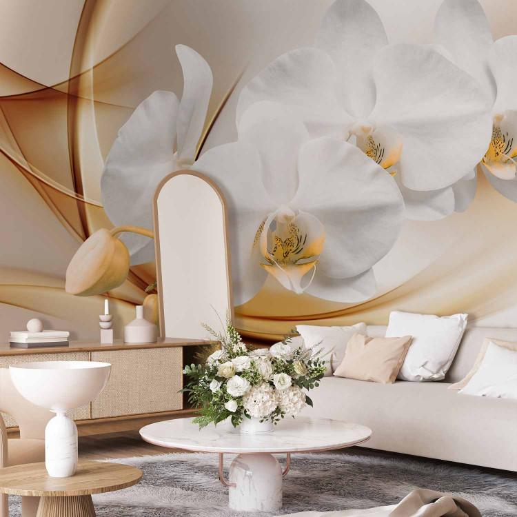 Wall Mural Floral Abstraction - White orchid with buds on an intricate beige background