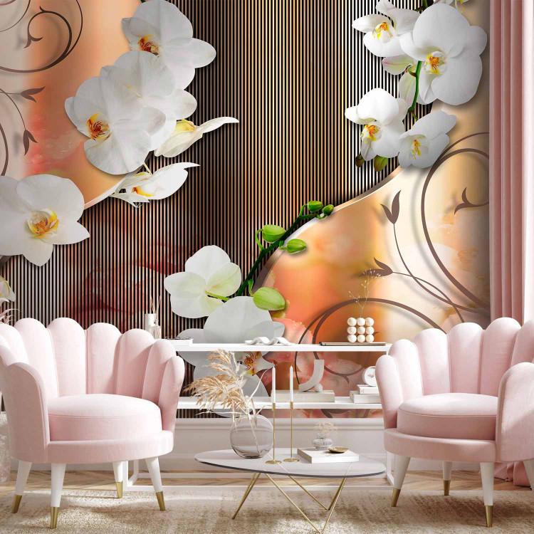 Wall Mural Blooming Flowers - White orchids with ornaments and striped pattern