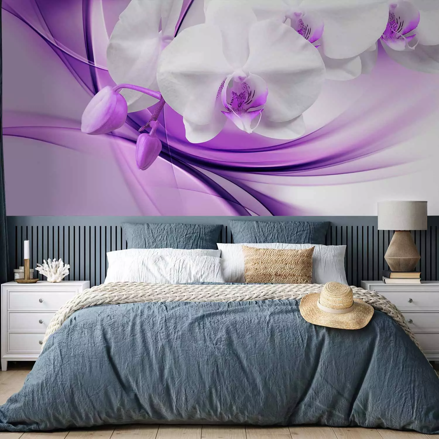 Wall Mural Flowers of Nature - White orchid flower on a background with a purple pattern