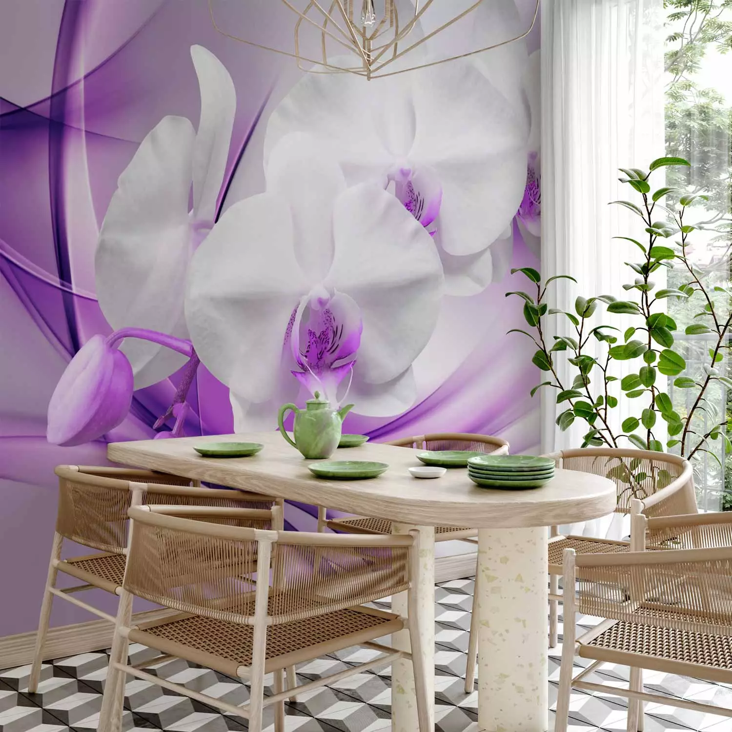 Wall Mural Flowers of Nature - White orchid flower on a background with a purple pattern
