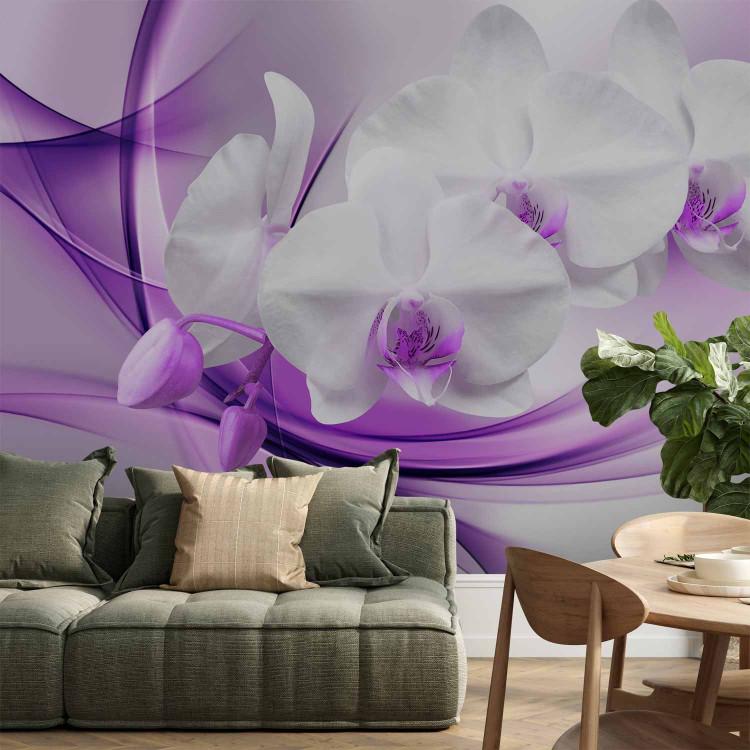 Wall Mural Flowers of Nature - White orchid flower on a background with a purple pattern
