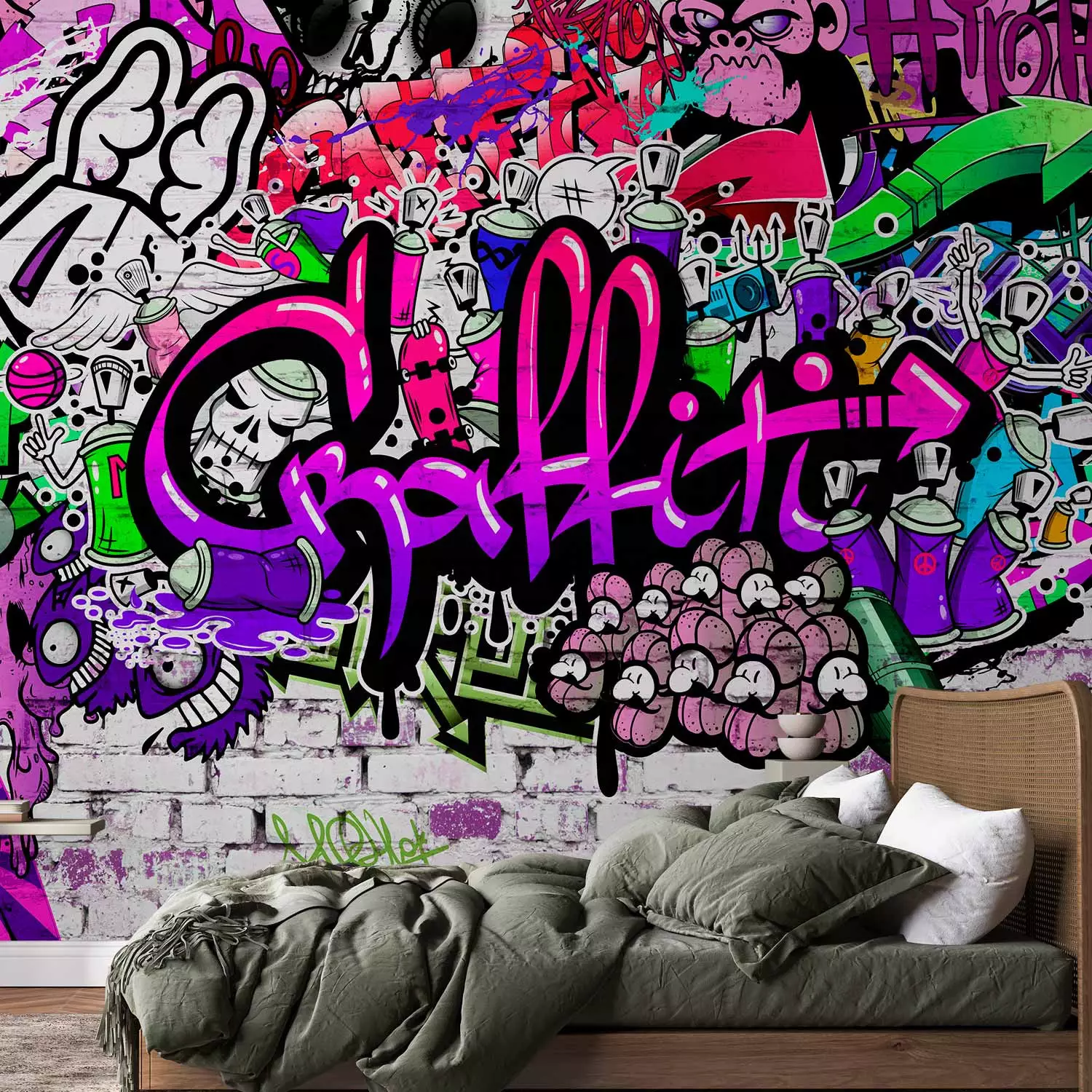 Photo Wallpaper Street Art - Purple graffiti on a colorful background on a  white brick wall - bimago