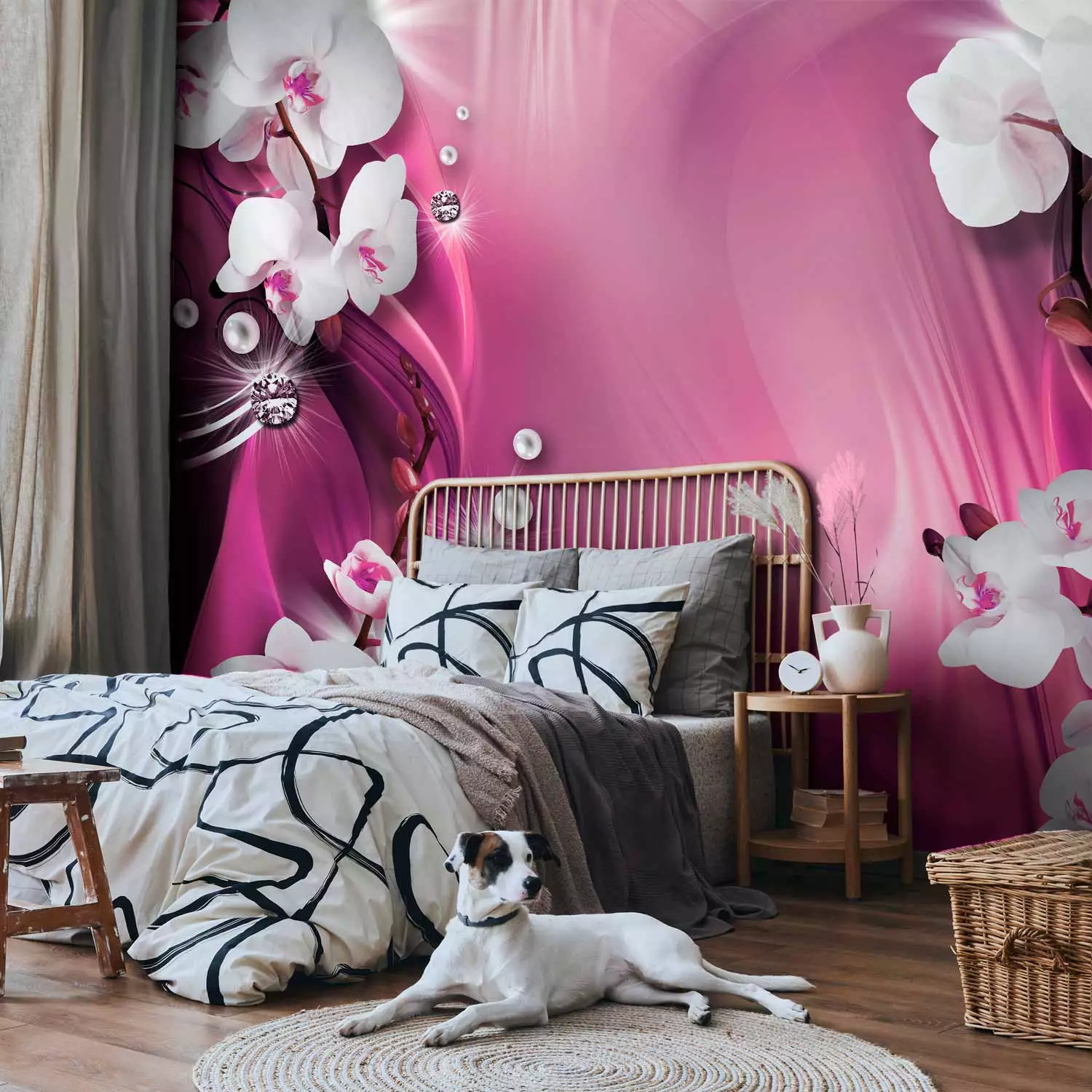 Wall Mural Pink Composition - White orchids and pearls on a pink background with patterns