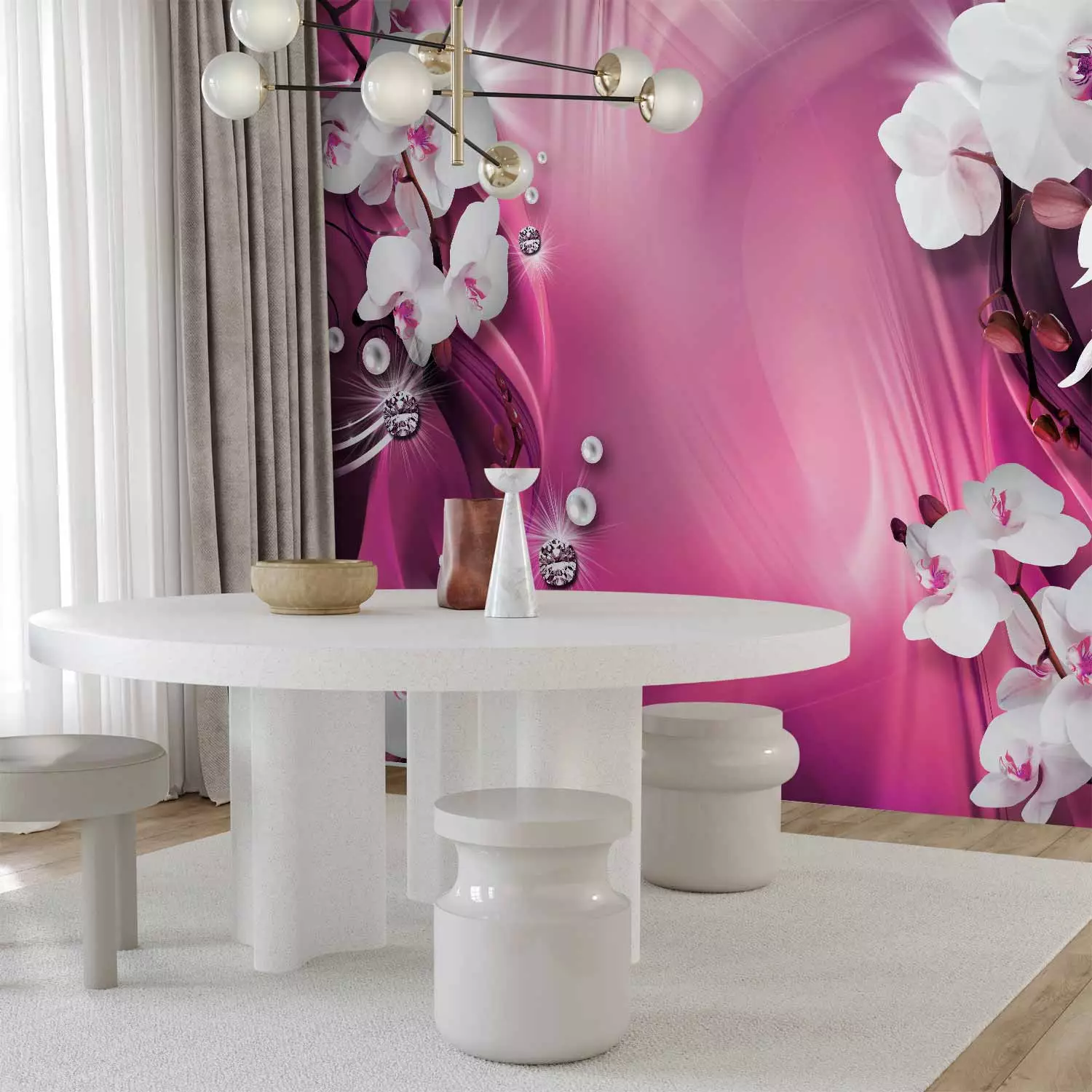 Wall Mural Pink Composition - White orchids and pearls on a pink background with patterns