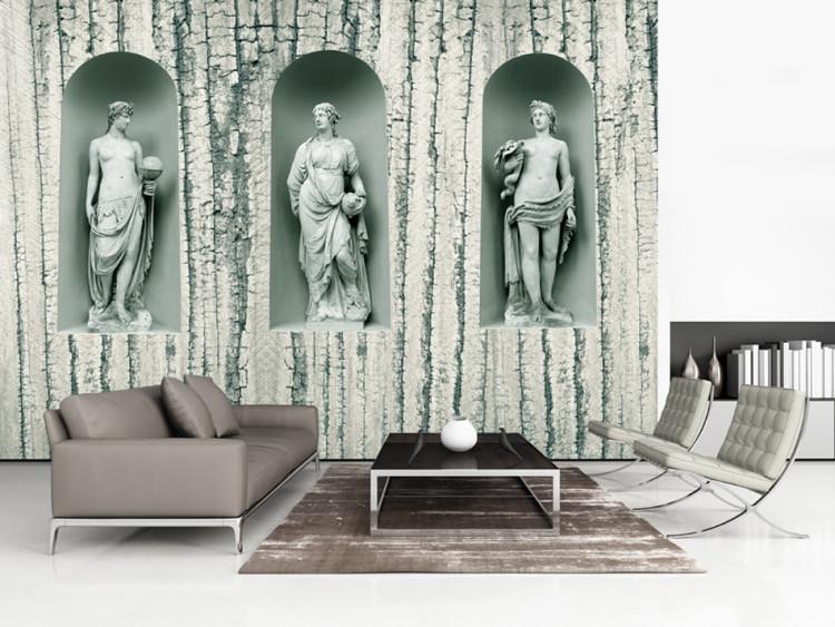 Wall Mural Ancient Wood - three antique figures on a background of white wood