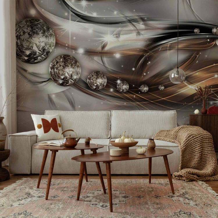 Wall Mural Stardust - abstract rusty waves with shimmer on a silver background