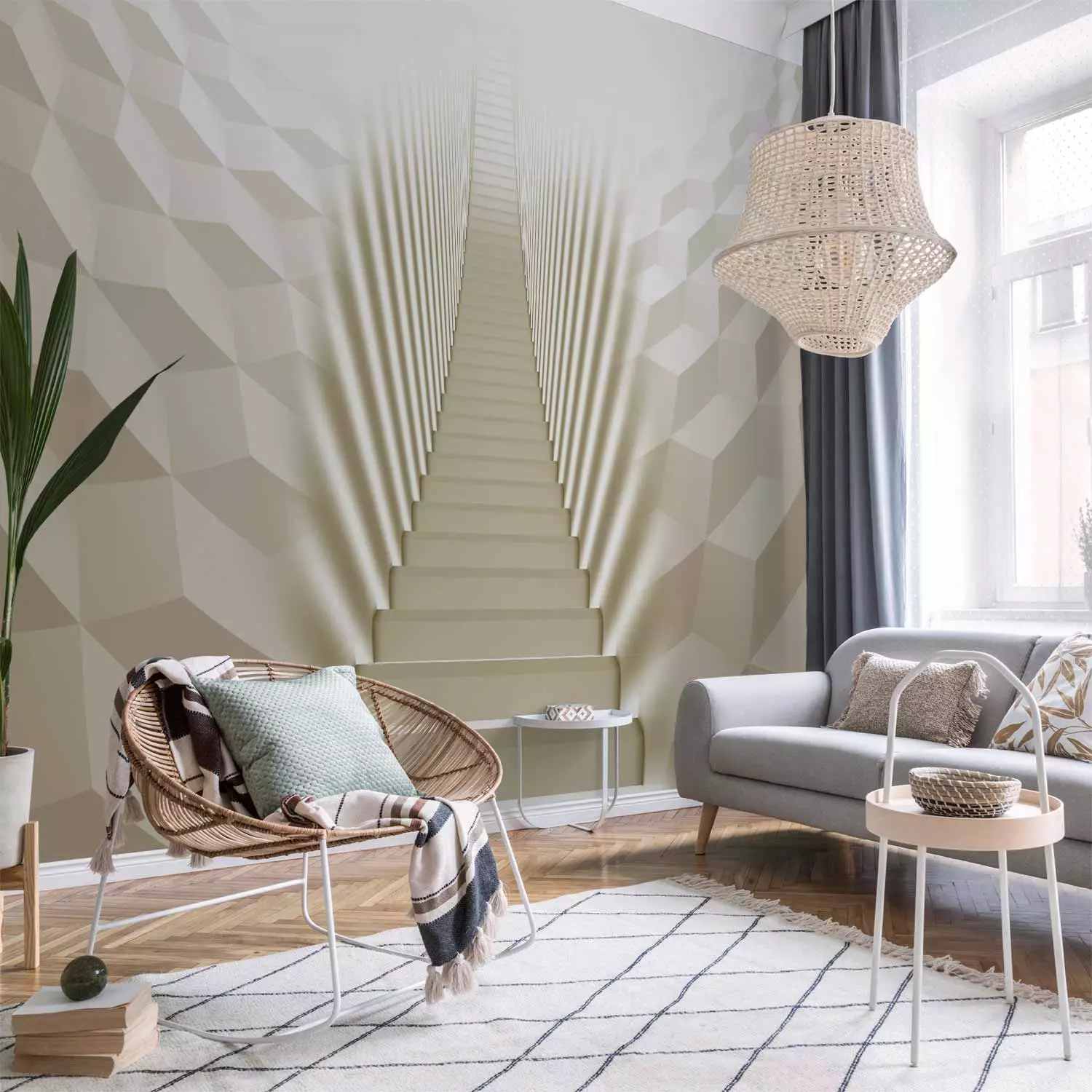 Wall Mural Modern Architecture - long stairs in an ivory color - bimago