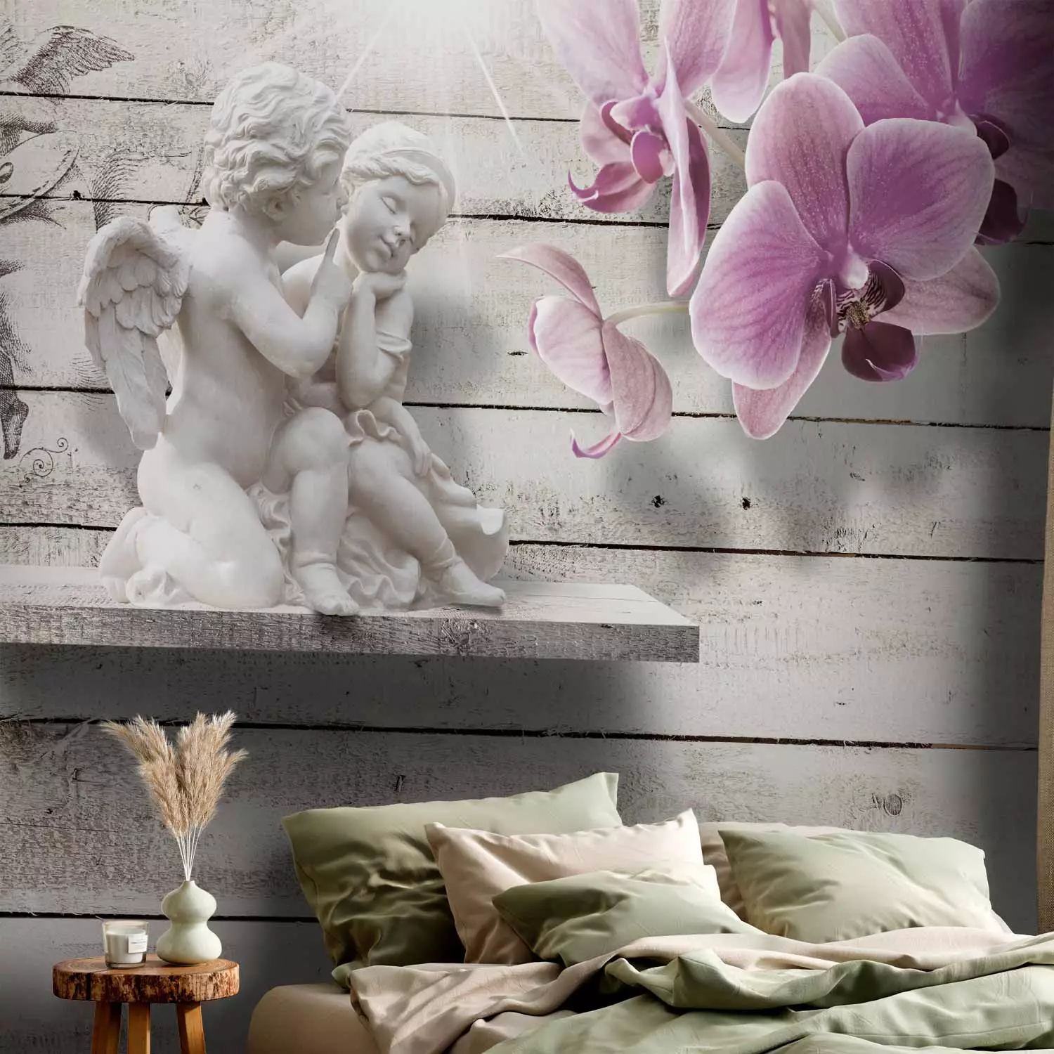 Wall Mural Cupid's Kiss - statue of angelic couple on a backdrop of gray wood with an orchid