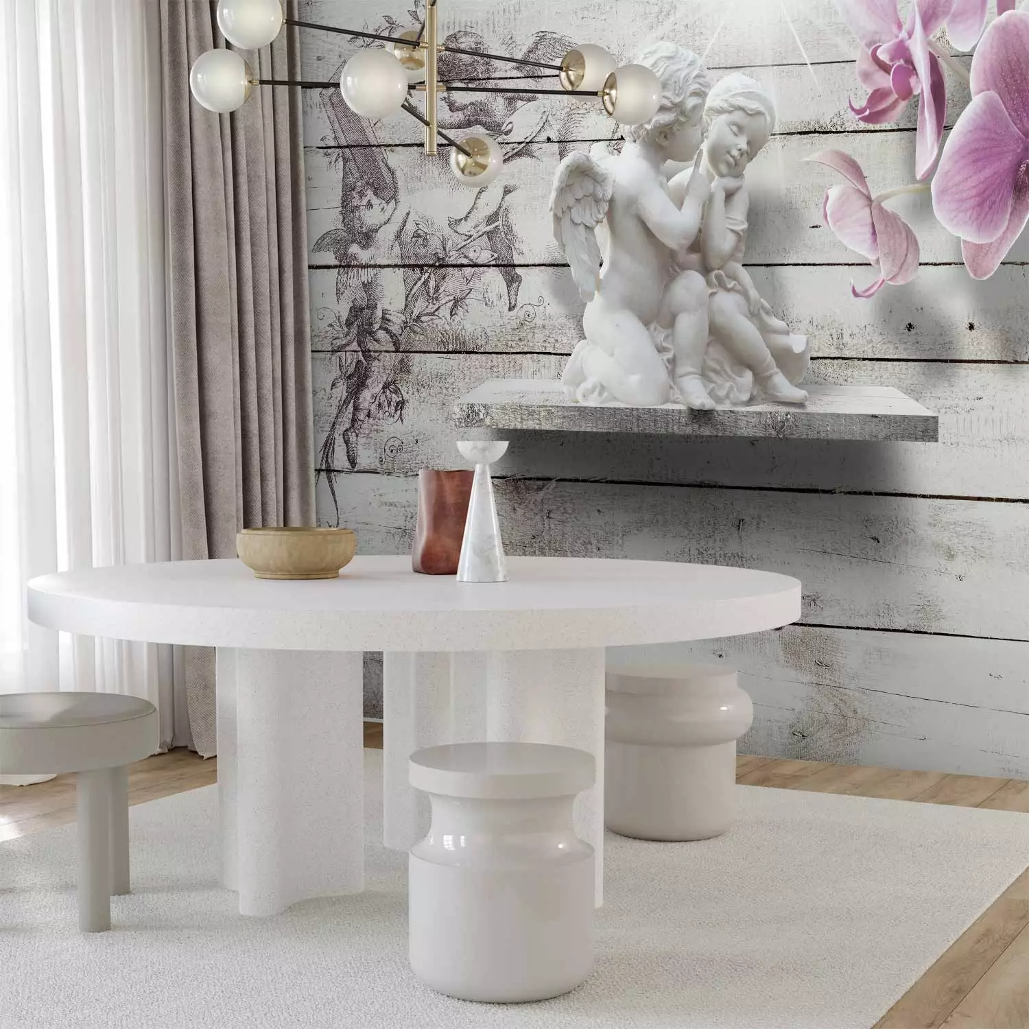 Wall Mural Cupid's Kiss - statue of angelic couple on a backdrop of gray wood with an orchid