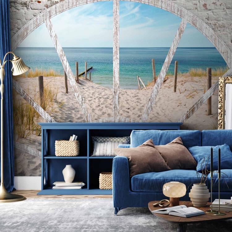 Wall Mural Window view - landscape with sea and beach on a stone textured background