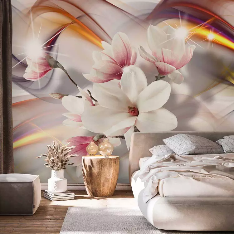 Wall Mural Magnolias on a branch - white flowers on a background of abstract smoke waves