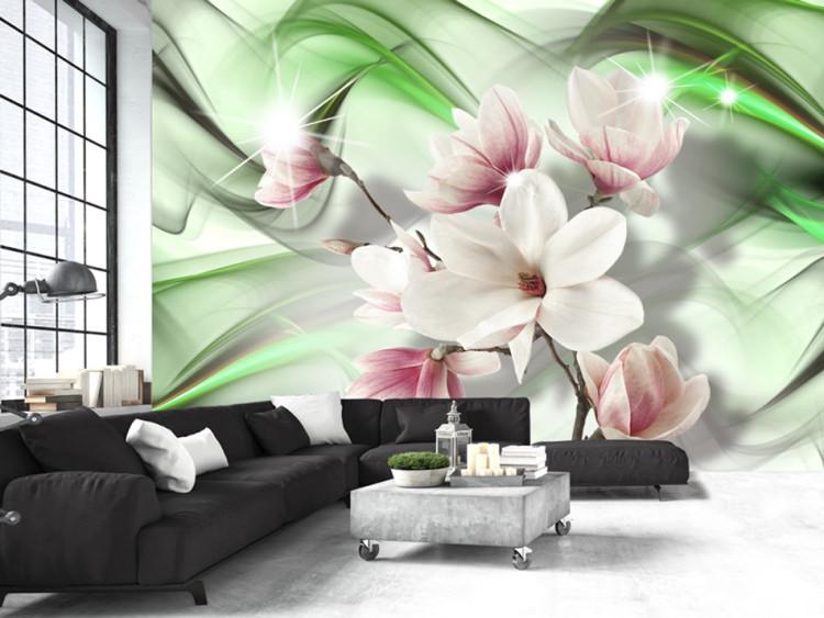 Wall Mural Magnolias on a branch - white flowers on a background of green patterns with sparkle