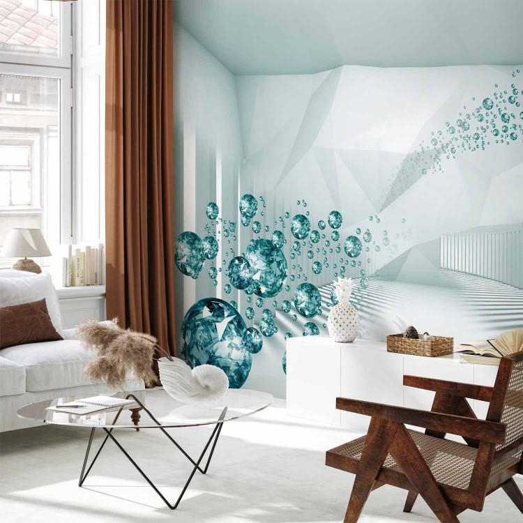 Wall Mural Corridor - white 3D geometric abstraction with blue diamonds