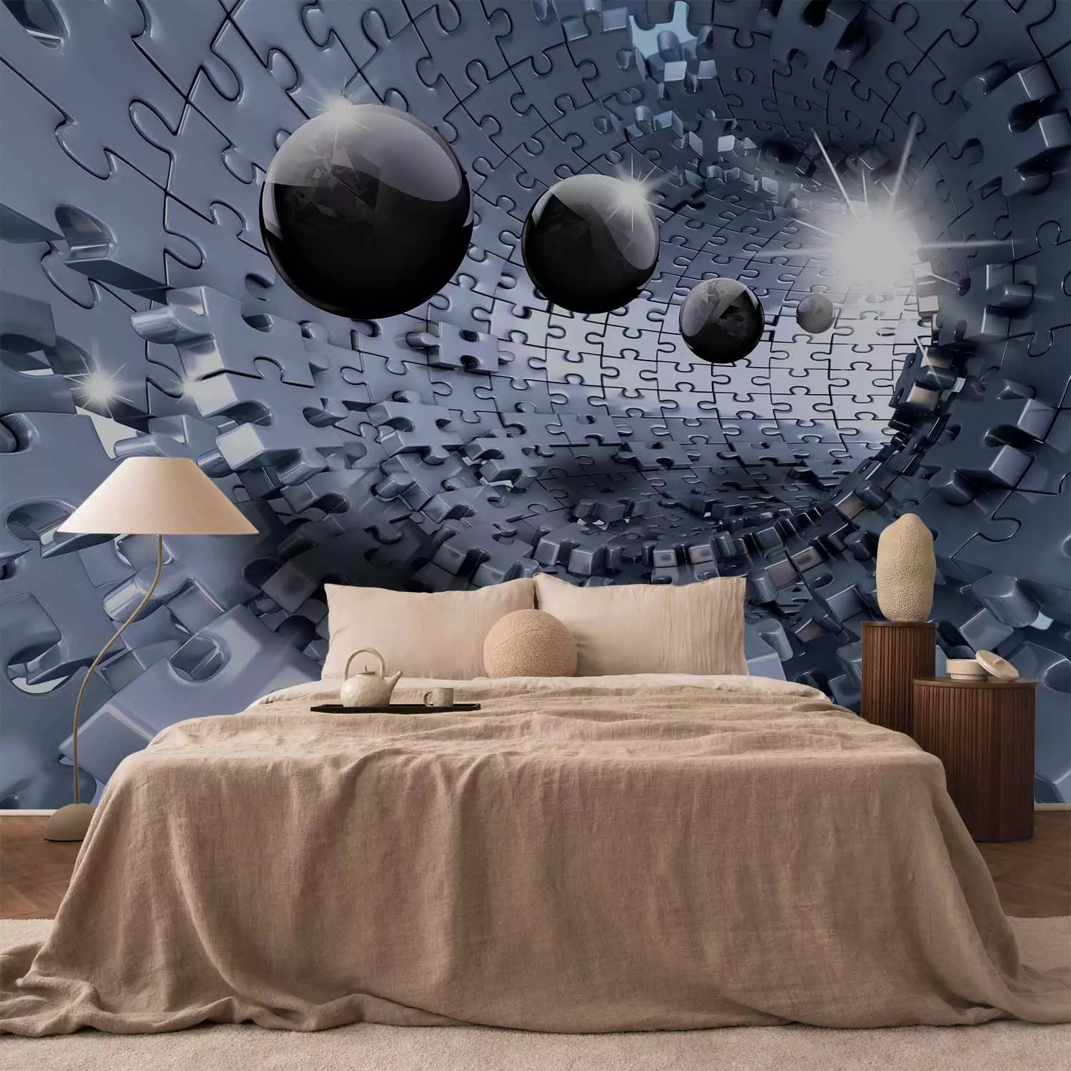Wall Mural Abstract puzzle - silver puzzle tunnel with 3D illusion spheres