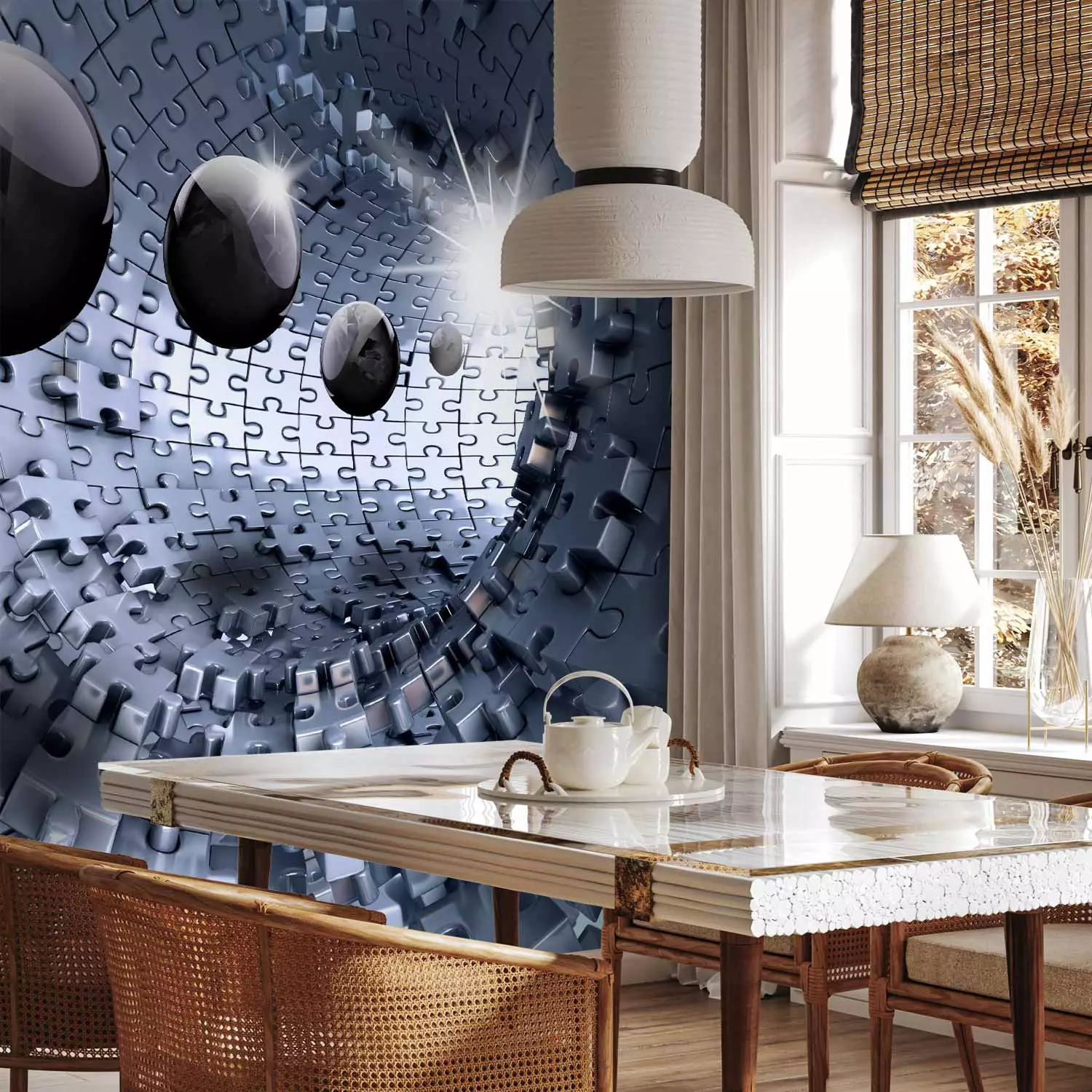 Wall Mural Abstract puzzle - silver puzzle tunnel with 3D illusion spheres