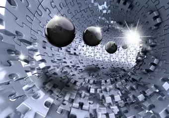 Wall Mural Abstract puzzle - silver puzzle tunnel with 3D illusion spheres Wallpaper Cropper