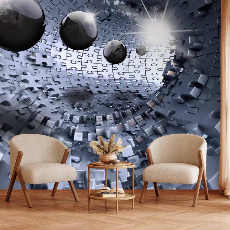 Wall Mural Abstract puzzle - silver puzzle tunnel with 3D illusion spheres