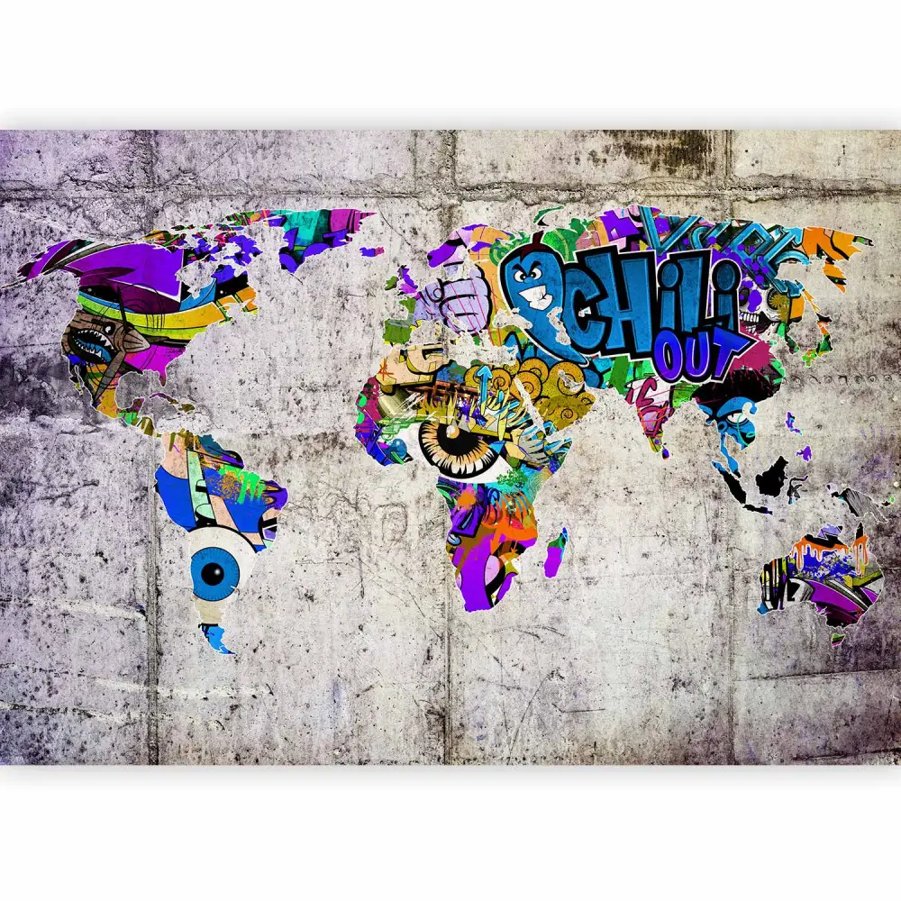 Wall Mural Colourful world - graffiti style world map on grey concrete ...