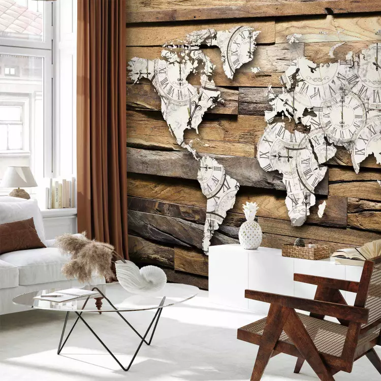 Wall Mural Elapsed time - world map with clock motif on brown wood