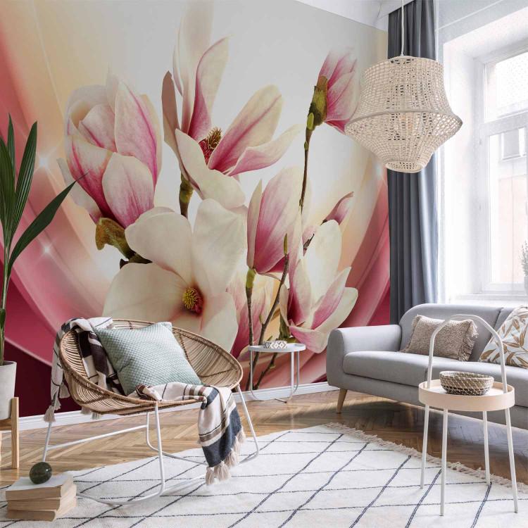 Wall Mural Pink magnolia in glamour - floral composition with flowers and pattern