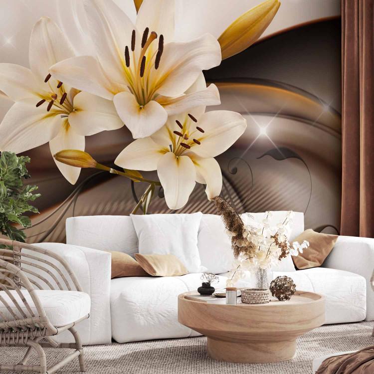 Wall Mural White lily - a composition of nature with a delicate background of gold and 3D sparkle
