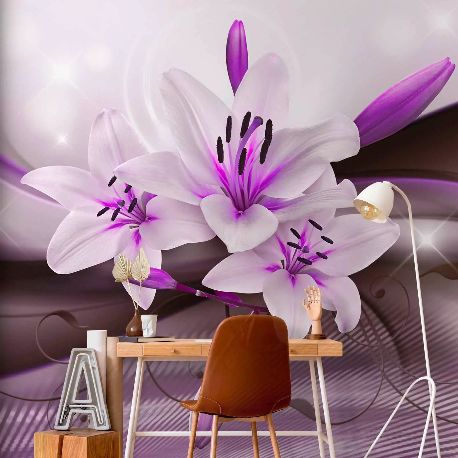 Wall Mural Purple lily - flower composition with delicate wave pattern -  bimago