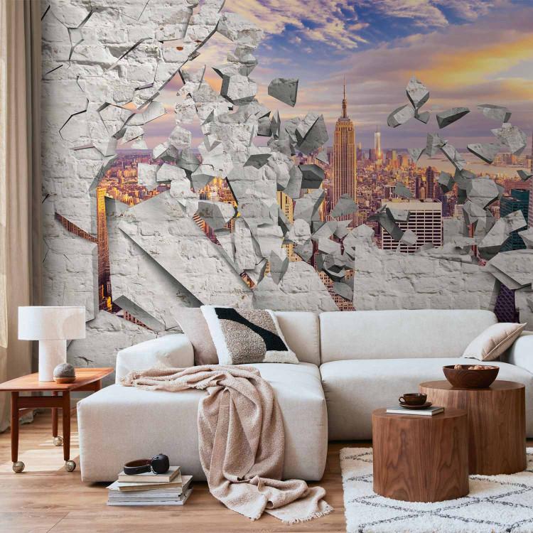 Wall Mural From behind a white brick wall - New York City landscape at sunset