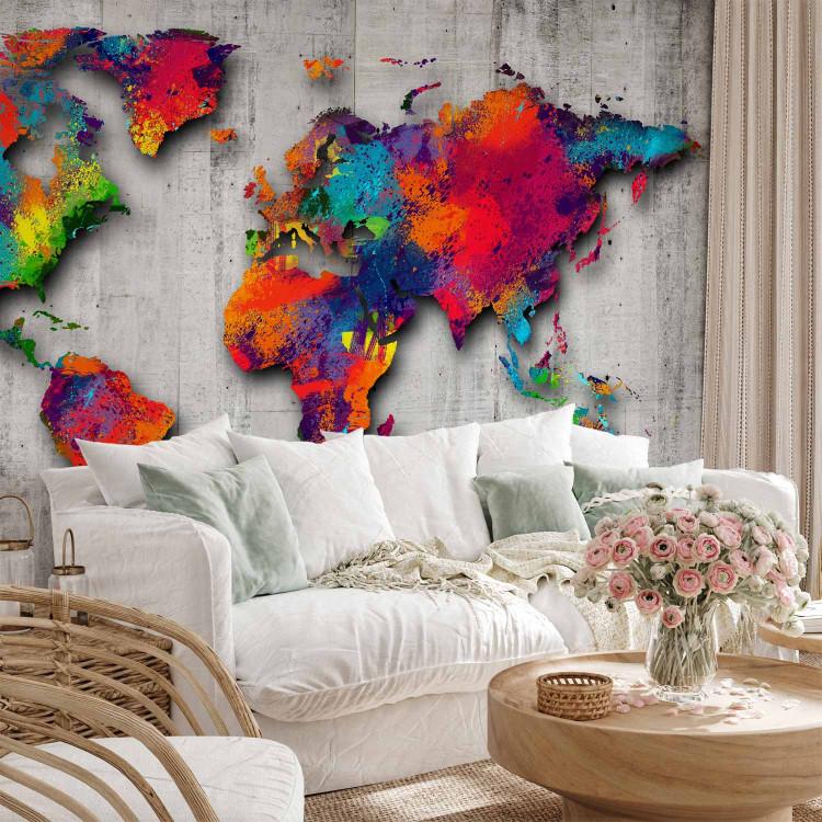 Wall Mural A colourful world - watercolour style world map on a fashionable concrete background