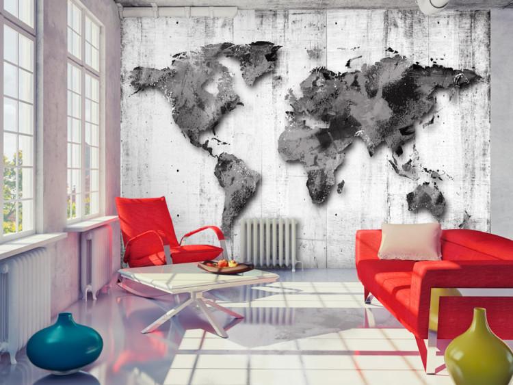 Wall Mural World in shades of grey - world map on retro wooden background