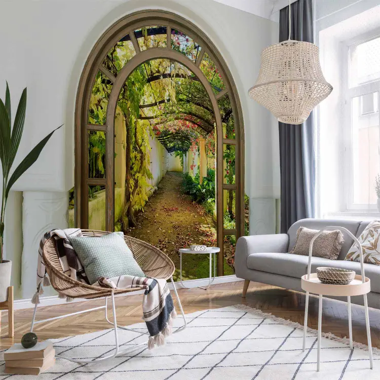 Wall Mural Door to a secret garden - gateway to an autumn green garden ...