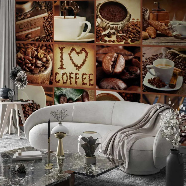 Photo Wallpaper Beans of Pleasure - Collage of coffee cups and beans -  bimago