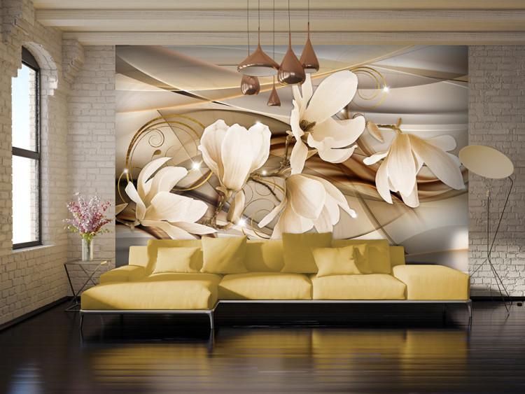 Wall Mural Yellow magnolias - flowers on a delicate background with shiny patterns